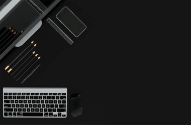 Siyah renk arka plan üzerinde ayarla ileti örneği ile modern çalışma alanı. Üstten Görünüm. Düz yatıyordu. 3D çizim