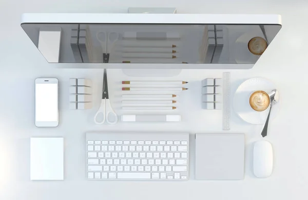 Modern workspace with stationery set on white color background. Top view. Flat lay. 3D illustration — Stock Photo, Image