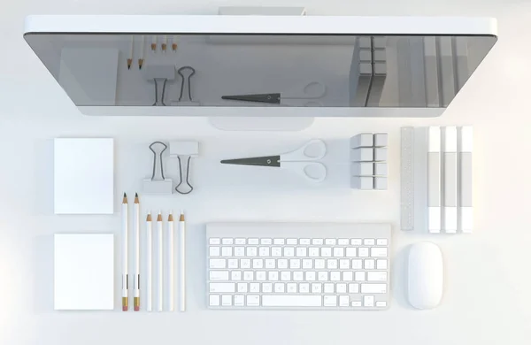 Modern workspace with stationery set on white color background. Top view. Flat lay. 3D illustration — Stock Photo, Image