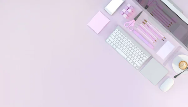 Modern workspace with computer,  stationery set on pink color background. Top view. Flat lay. 3D illustration