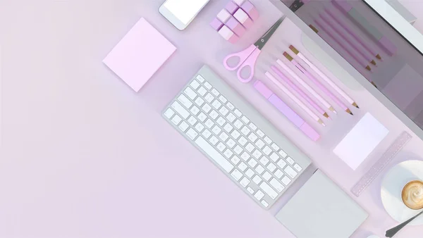 Nowoczesne miejsce do pracy z komputera, ustaw na kolor różowy tło papeterii. Widok z góry. Leżał z płaskim. ilustracja 3D — Zdjęcie stockowe