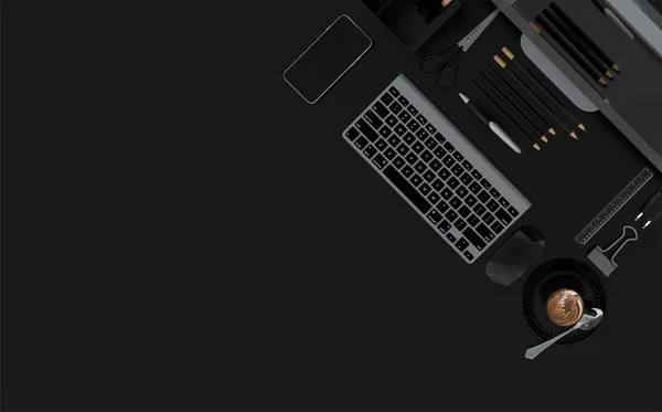 Modern workspace with stationery set on black color background. Top view. Flat lay. 3D illustration
