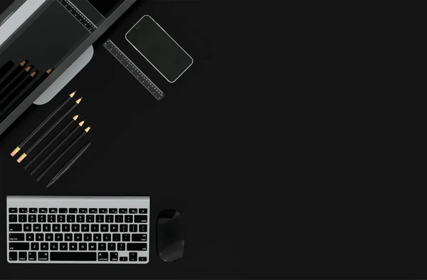 Modern workspace with stationery set on black color background. Top view. Flat lay. 3D illustration