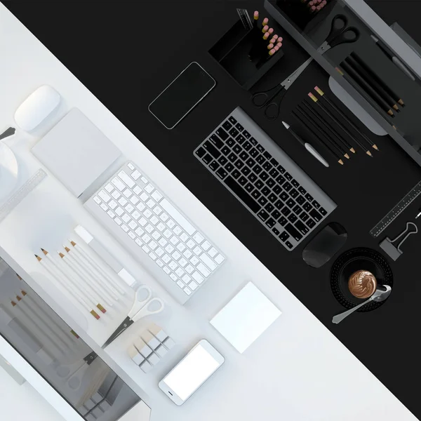 Modern workspaces with computer, stationery set on black and white color background. Top view. Flat lay. 3D illustration — Stock Photo, Image