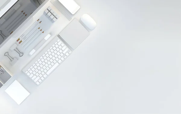 Modern workspace with computer, stationery set on white color background. Top view. Flat lay. 3D illustration — Stock Photo, Image