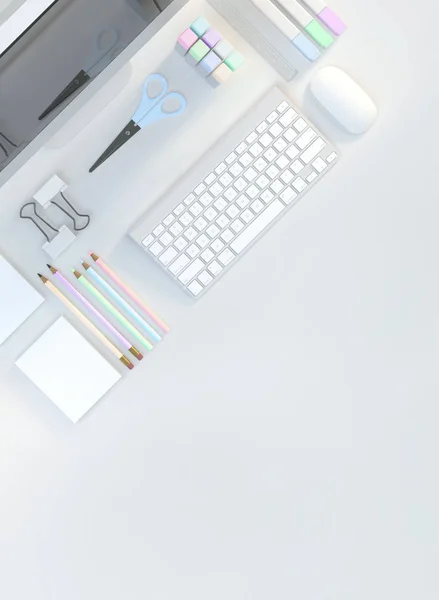 现代工作空间与电脑, 文具设置在白色的背景。顶部视图。平躺。3d 插图 — 图库照片