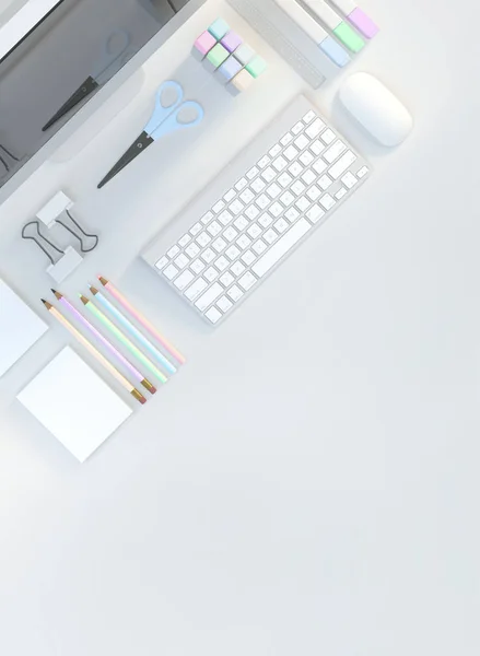 Modern workspace with computer, stationery set on white color background. Top view. Flat lay. 3D illustration — Stock Photo, Image