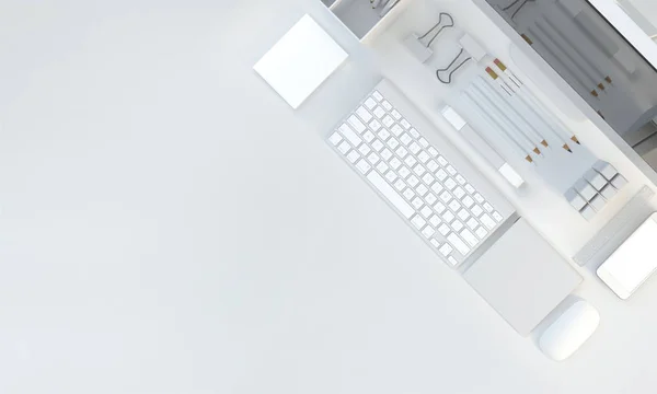 Modern workspace with computer, stationery set on white color background. Top view. Flat lay. 3D illustration — Stock Photo, Image