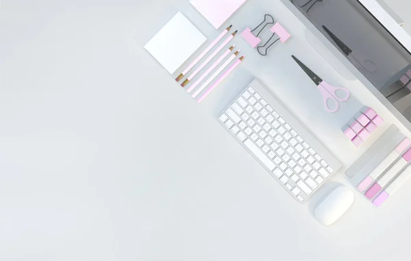 Moderne werkruimte met computer, briefpapier instellen op witte kleur achtergrond. Bovenaanzicht. Flat lag. 3D illustratie — Stockfoto