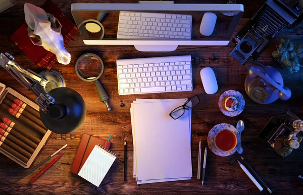 Författarens skrivbord med dator, gamla telefon, vintage kamera, skalle, leveranser, box cigarrer, kopp te. Ovanifrån. 3D illustration — Stockfoto