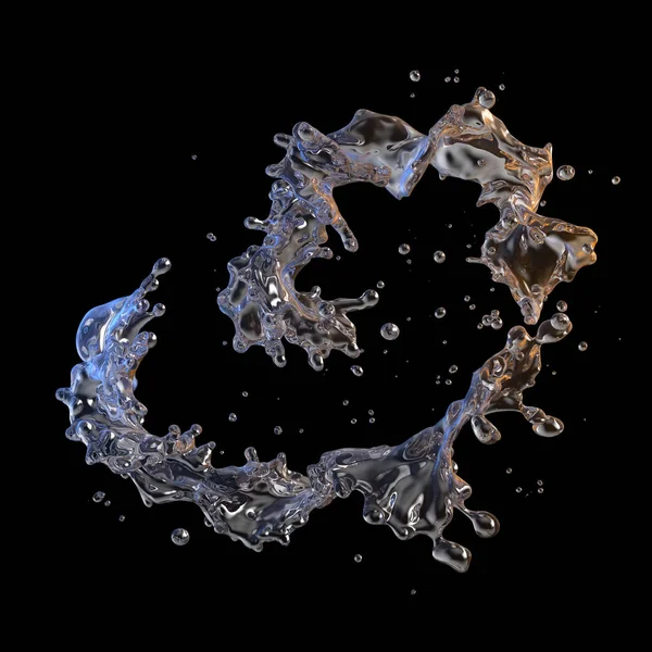 Wasserspritzer mit isolierten Wassertropfen. 3D-Illustration — Stockfoto