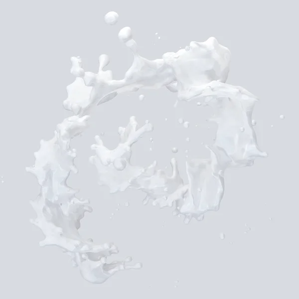 Mléko splash s kapičky, samostatný. 3D obrázek — Stock fotografie