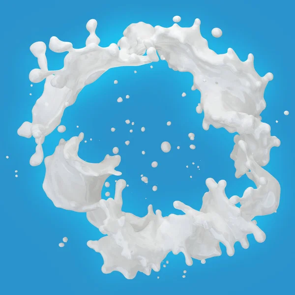 Mléko splash s kapičky, samostatný. 3D obrázek — Stock fotografie