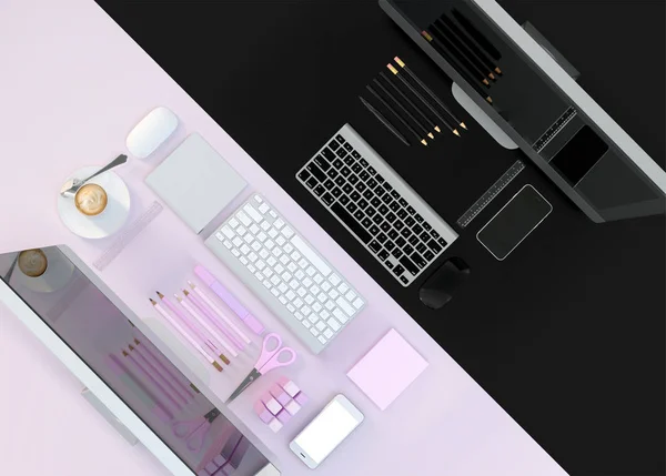 Desk table with computer, smartphone, supplies. Communication concept. Top view. 3D illustration — Stock Photo, Image