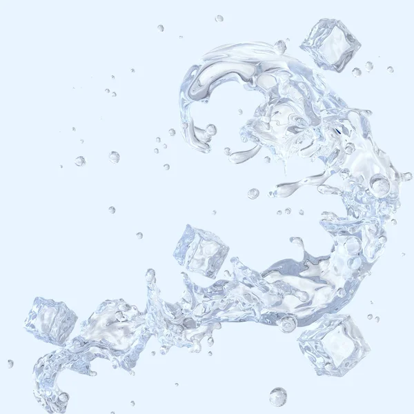Spruzzi d'acqua con cubetti di ghiaccio e gocce d'acqua isolate. Illustrazione 3D — Foto Stock