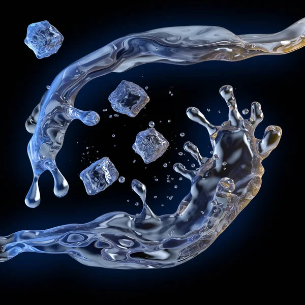 Water splash with ice cubes and water droplets isolated. 3D ...