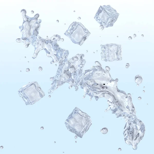 Wasserspritzer mit Eiswürfeln und Wassertropfen isoliert. 3D-Illustration — Stockfoto