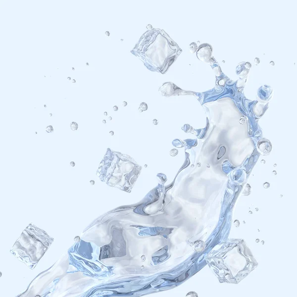 De plons van het water met ijsblokjes en waterdruppels geïsoleerd. 3D illustratie — Stockfoto