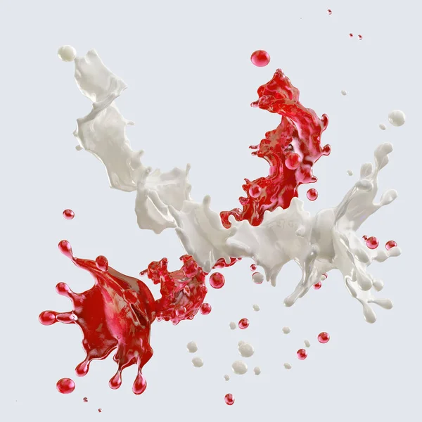 Χυμός και γάλα εκτοξεύεται με σταγονίδια που απομονώνονται. 3D απεικόνιση — Φωτογραφία Αρχείου
