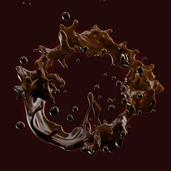 Salpicadura de chocolate con gotitas aisladas. Ilustración 3D —  Fotos de Stock
