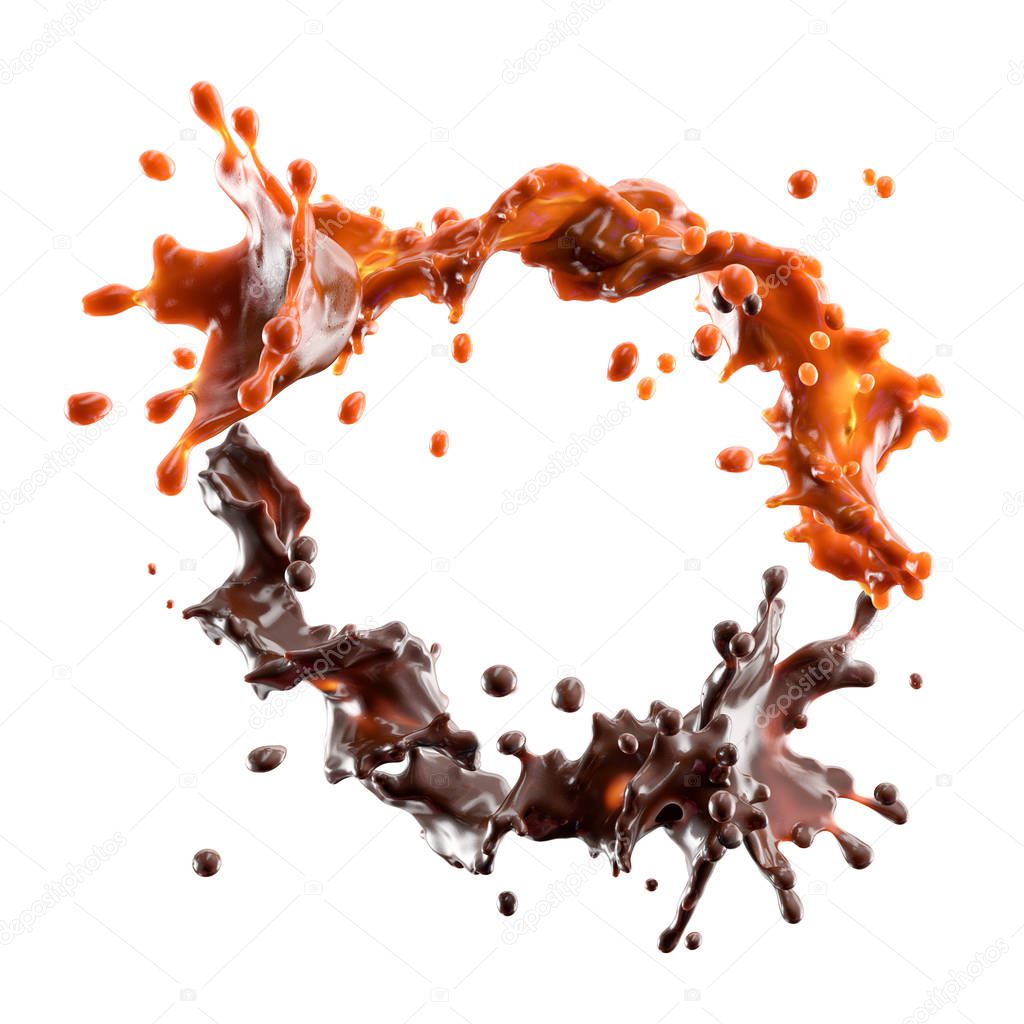Chocolate and caramel splash with droplets isolated. 3D illustration