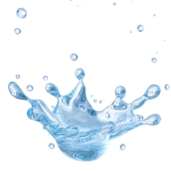 Water splash met waterdruppeltjes geïsoleerd. Uitknippad opgenomen. 3D illustratie — Stockfoto