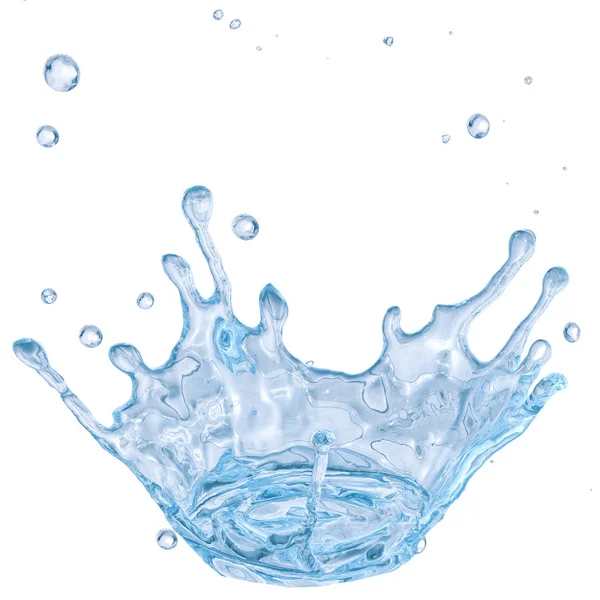 Water splash met waterdruppeltjes geïsoleerd. Uitknippad opgenomen. 3D illustratie — Stockfoto