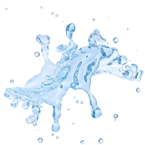 Water splash met waterdruppeltjes geïsoleerd. Uitknippad opgenomen. 3D illustratie — Stockfoto