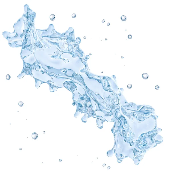 Water splash met waterdruppeltjes geïsoleerd. Uitknippad opgenomen. 3D illustratie — Stockfoto