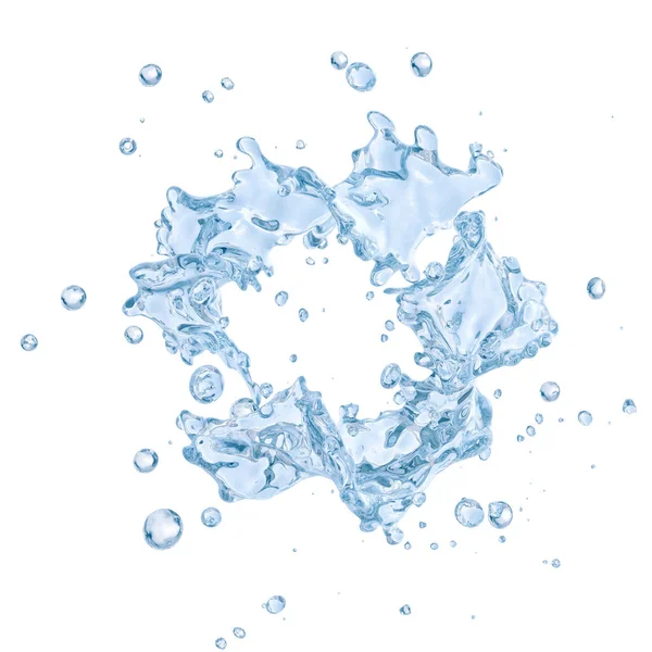 Water splash met waterdruppeltjes geïsoleerd. Uitknippad opgenomen. 3D illustratie — Stockfoto