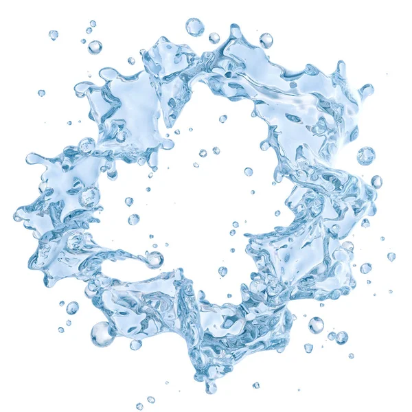 Water splash met waterdruppeltjes geïsoleerd. Uitknippad opgenomen. 3D illustratie — Stockfoto