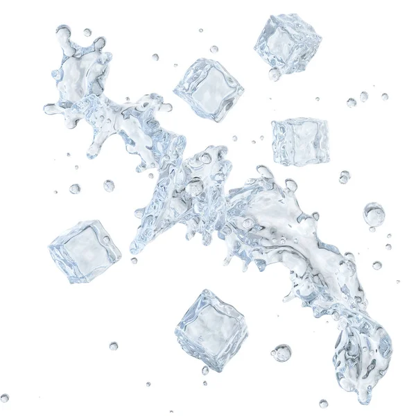 De plons van het water met ijsblokjes en waterdruppels geïsoleerd. Uitknippad opgenomen. 3D illustratie — Stockfoto