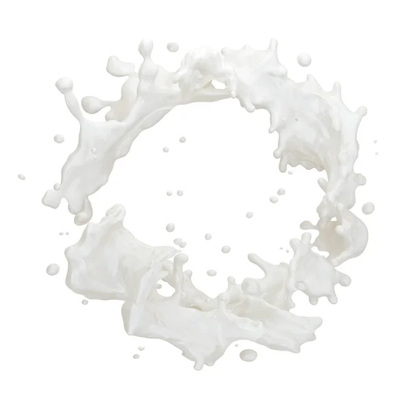 Susu lemak atau yogurt percikan dengan tetesan terisolasi. Termasuk jalan pintas. Ilustrasi 3D — Stok Foto