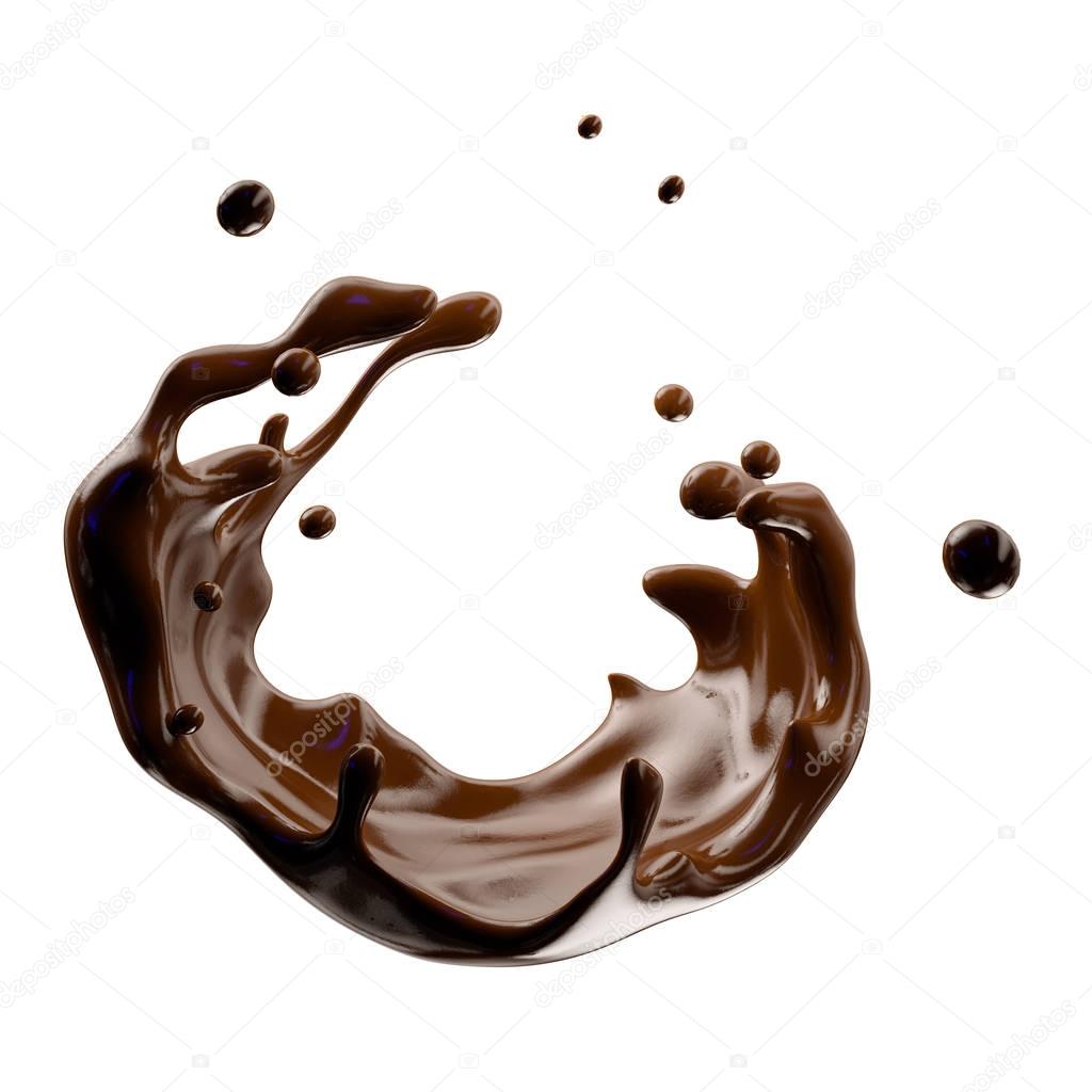 Chocolate splash with droplets isolated. 3D illustration
