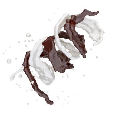 Çikolata ve süt sıçrama izole damlacıkları ile spiral. 3D çizim