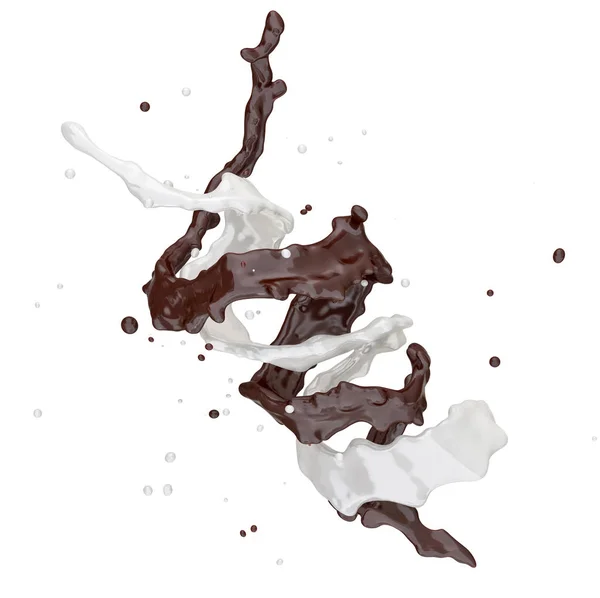 Espiral de salpicaduras de chocolate y leche con gotitas aisladas. Ilustración 3D —  Fotos de Stock