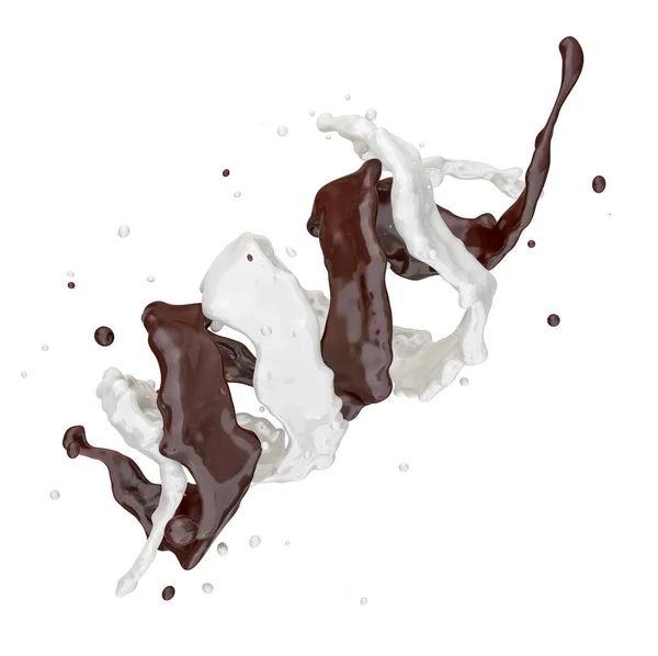 Espiral de salpicaduras de café y leche con gotitas aisladas. Ilustración 3D —  Fotos de Stock