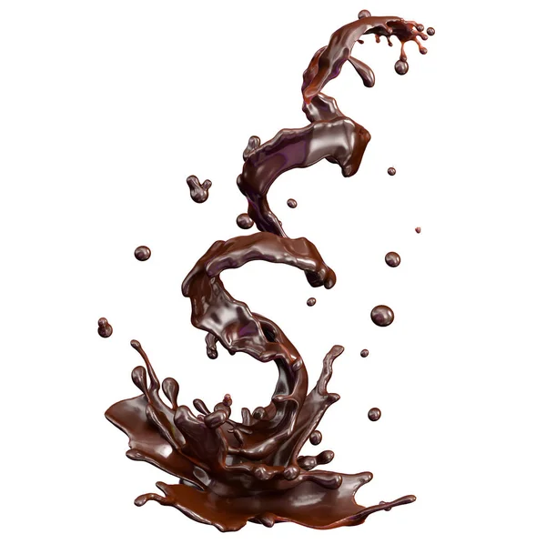 Schokoladenspritzer mit isolierten Tröpfchen. 3D-Illustration — Stockfoto