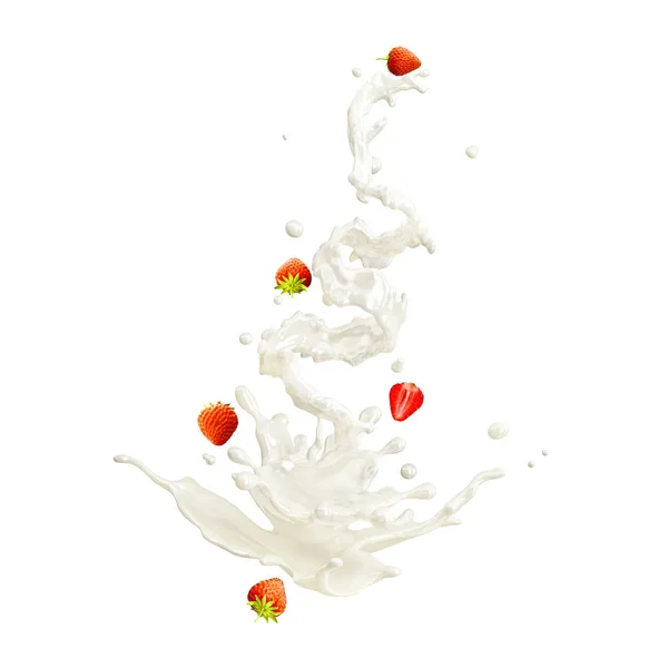 Mjölk eller yoghurt splash med strawpberries och droppar isolerade. 3D illustration — Stockfoto