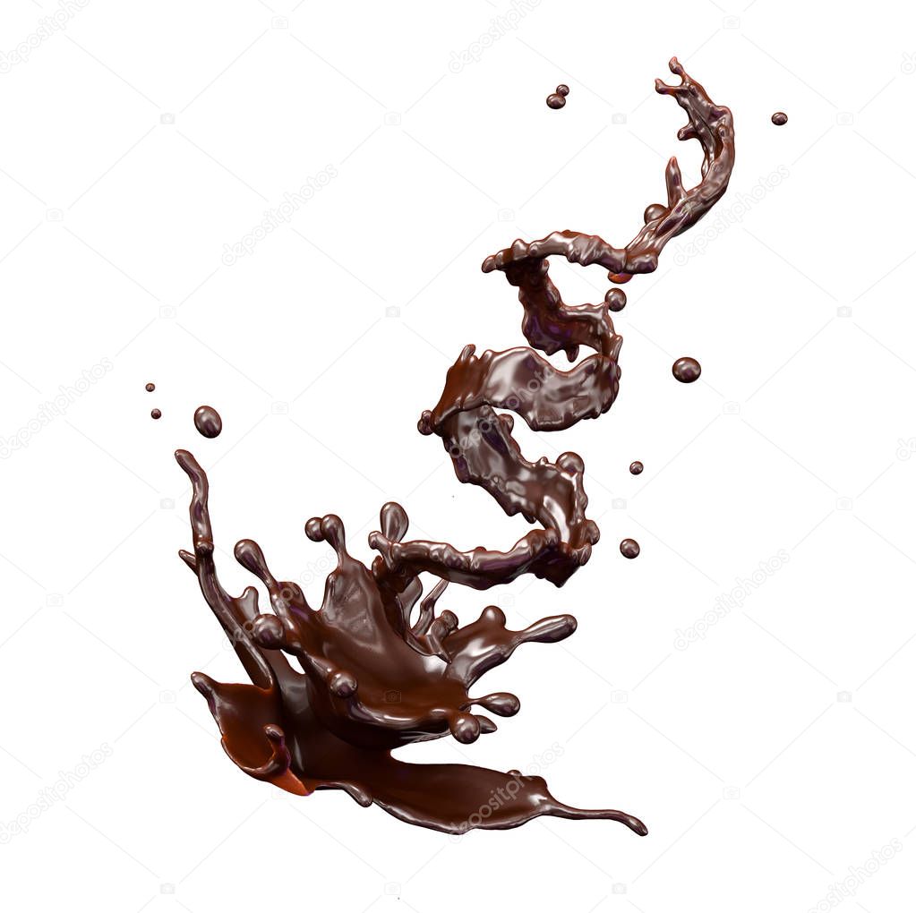 Chocolate splash with droplets isolated. 3D illustration