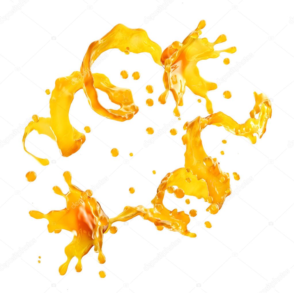 juice splashes with droplets isolated. 3D illustration