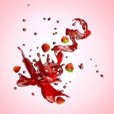 su sıçramalarına çilek, izole damlacıkları ile suyu. 3D çizim