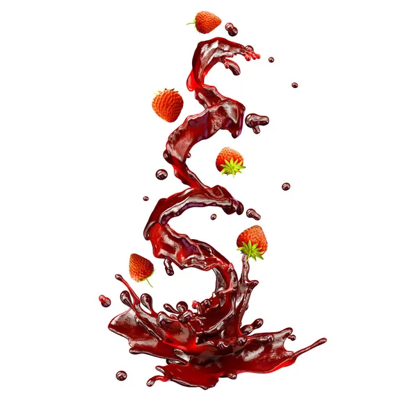 Salpicos de suco com morangos, gotas isoladas. Ilustração 3D — Fotografia de Stock