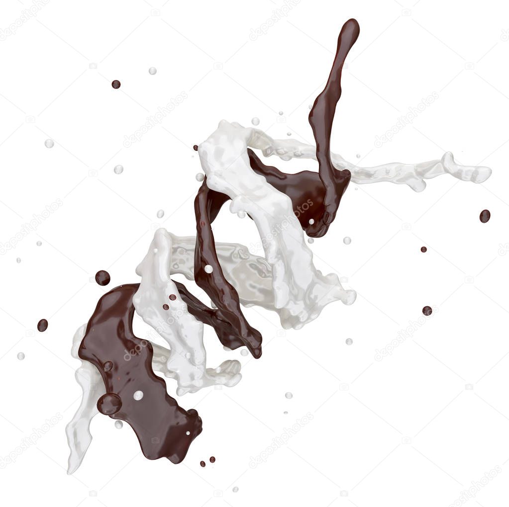 Coffee and milk splash spiral with droplets isolated. 3D illustration