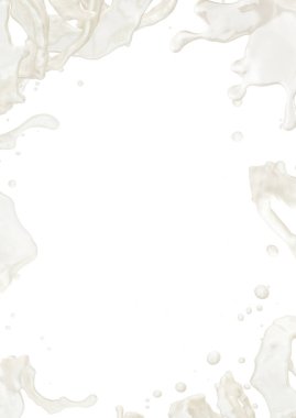 Süt veya yoğurt sıçrama damlacıkları ve izole kopya alanı ile. 3D çizim