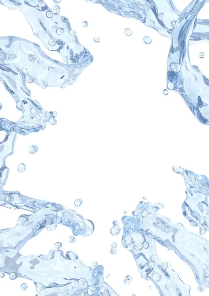 Water splash met waterdruppeltjes geïsoleerd. Vloeibare sjabloon ontwerpelement. 3D illustratie. — Stockfoto