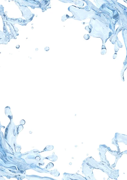 Water splash met waterdruppeltjes geïsoleerd. Vloeibare sjabloon ontwerpelement. 3D illustratie. — Stockfoto