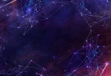 Abstract futuristic background with polygonal plexus shapes consisting dots and lines on the starry sky or space. 3D illustration clipart