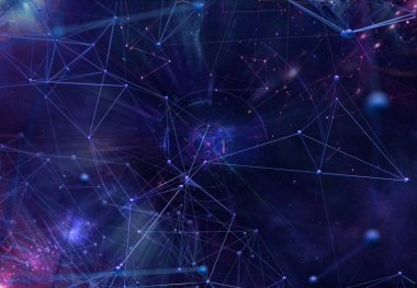 Abstract futuristic background with polygonal plexus shapes consisting dots and lines on the starry sky or space. 3D illustration clipart