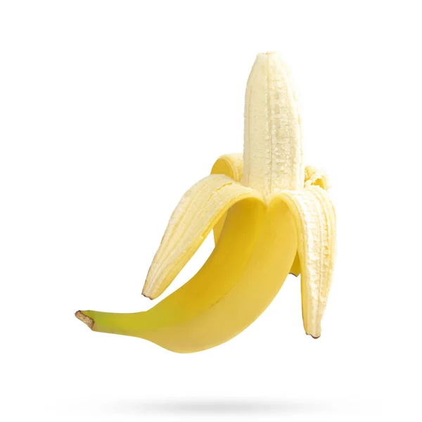 Otwarty banan odizolowany na białym tle z cieniem — Zdjęcie stockowe